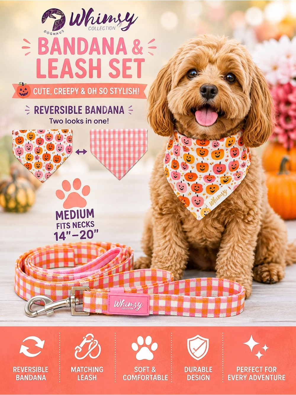 Whimsy Pink & Orange Reversible Bandana and Leash Set for Dogs